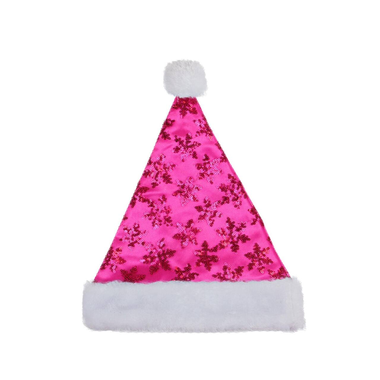 14" Adult Medium Sequin Snowflake Santa Hat, Pink